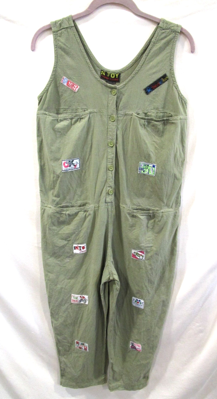 VTG 90s N'JOY Patchwork Jumpsuit Green Cotton Australia Beach Club Romper Sz S